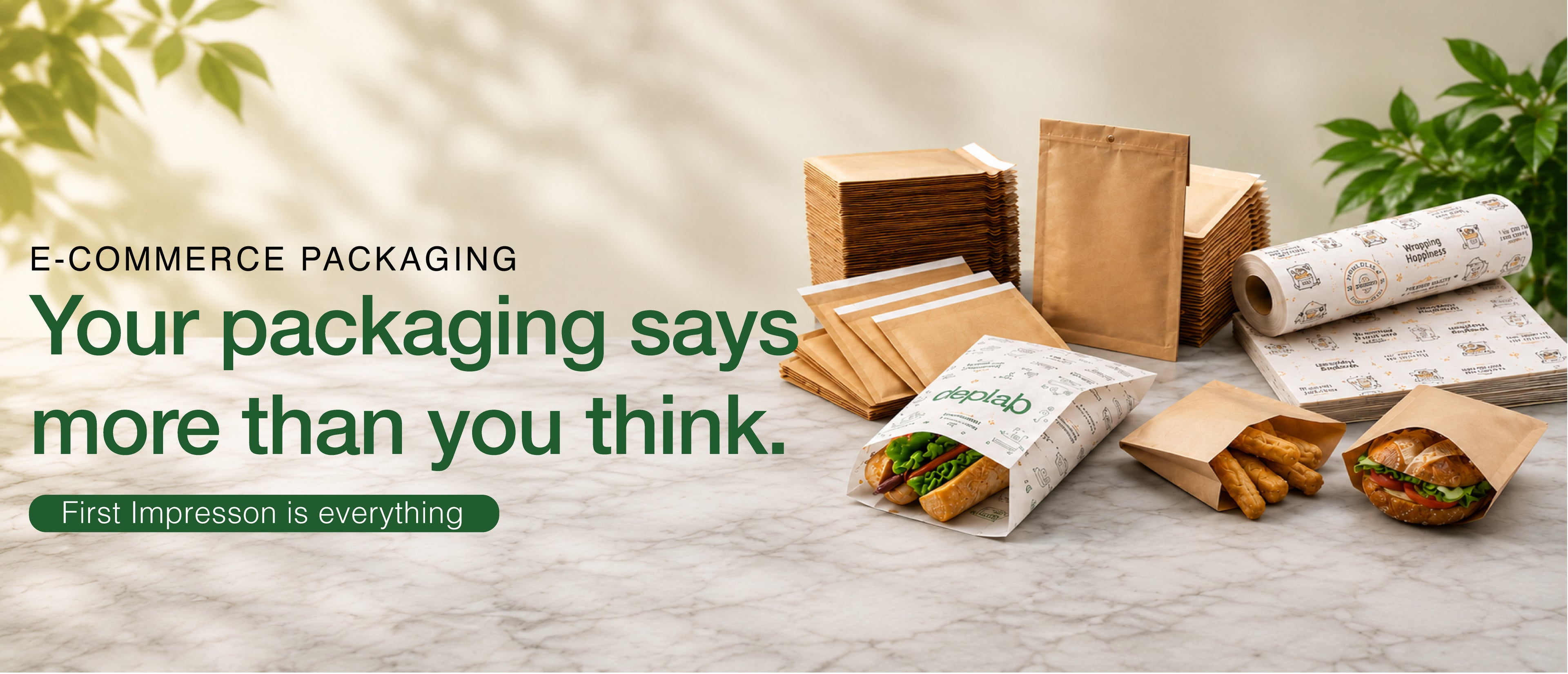E-commerce packaging solutions with branded bags and boxes on a neutral background.